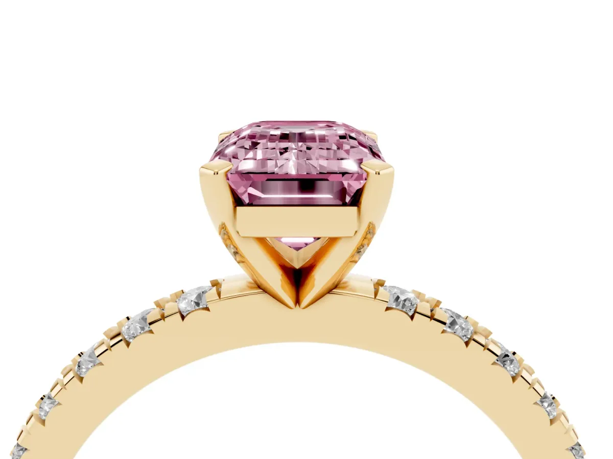 Fancy Pink Emerald Cut Diamond Pavé Band Solitaire with Four-Prong Setting Yellow gold