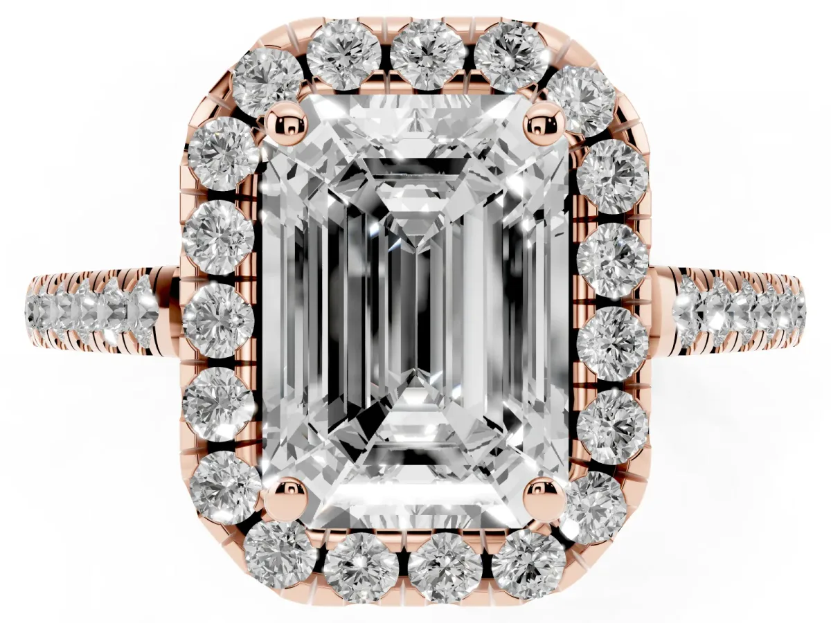 Emerald Cut Halo Pavé Diamond Engagement Ring with Four-Prong Setting Rose gold
