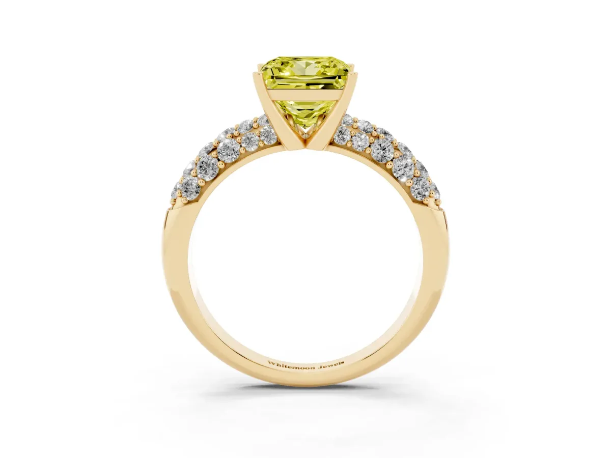 Fancy Yellow Princess Cut Diamond Pavé Band Solitaire Ring with Four-Prong Setting Yellow gold