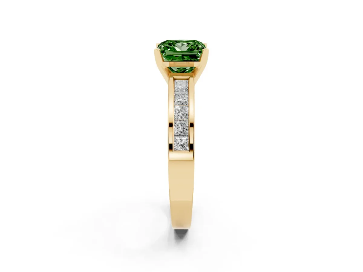 Fancy Green Princess Cut Solitaire Diamond Ring with Channel-Set Band and Four-Prong Setting Yellow gold