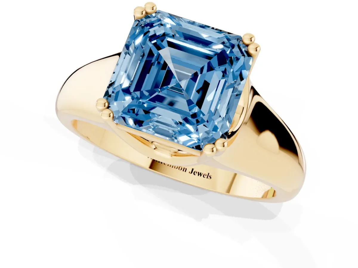 Fancy Blue Asscher Cut Diamond Solitaire Ring with Wide Band and Prong Setting Yellow gold