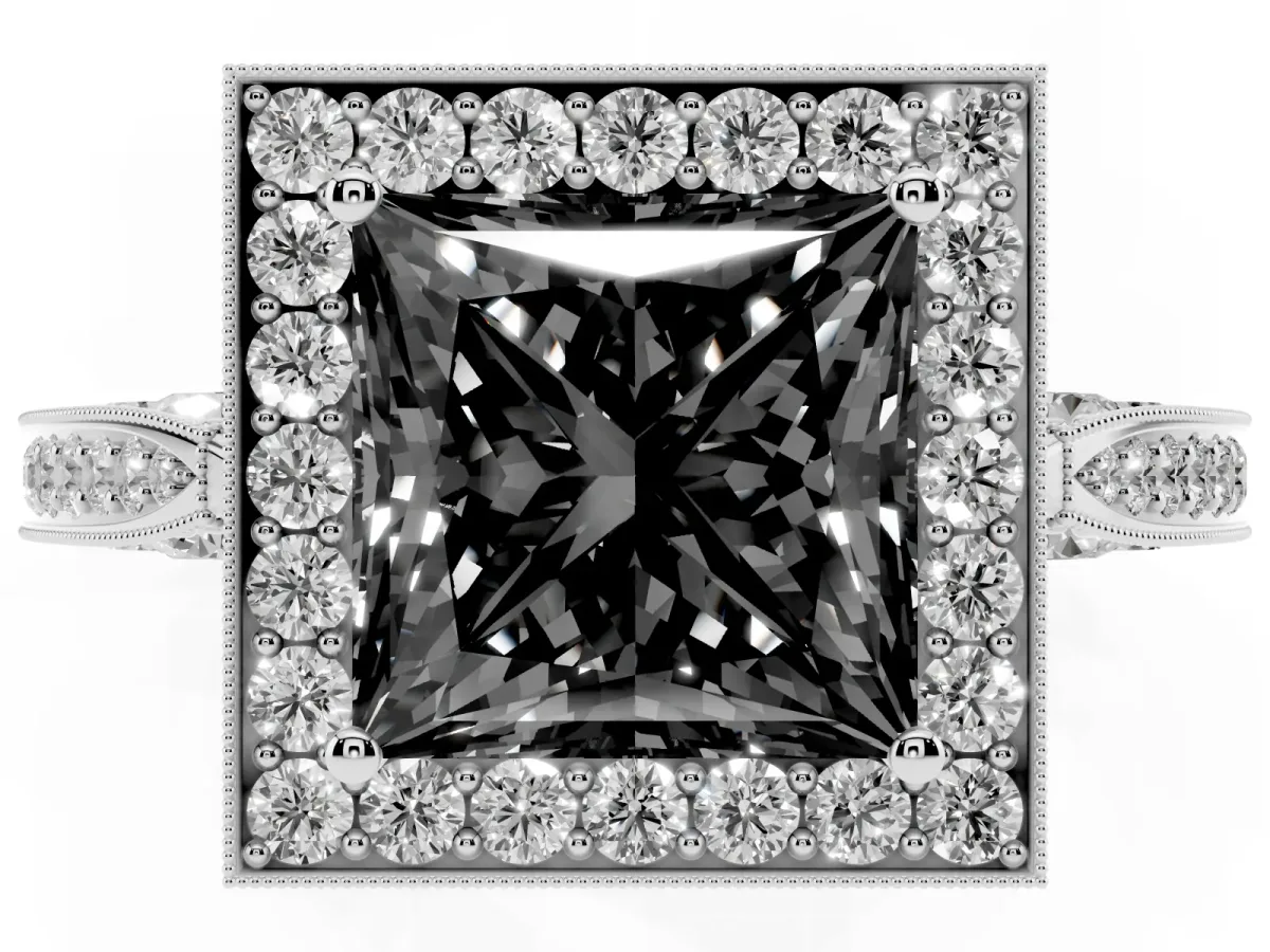 Fancy Black Princess Cut Halo Diamond Engagement Ring with Split Shank Band and Four-Prong Setting Silver