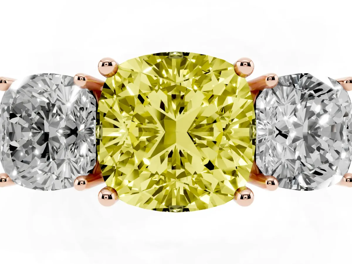 Fancy Yellow Three-Stone Cushion Cut Cut Diamond Engagement Ring with Prong Setting on a White Gold Band Rose gold