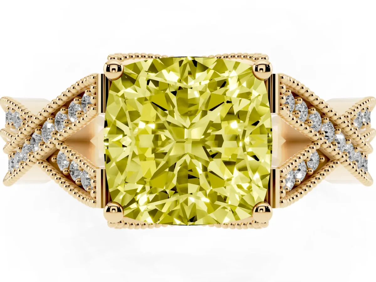 Fancy Yellow Cushion Cut Cut Diamond Twisted Band with Milgrain Pave Setting and Four-Prong Setting Yellow gold