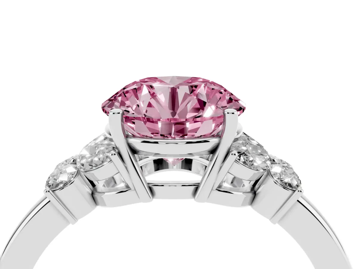 Fancy Pink Round Cut Cut Solitaire Floral Diamond Ring with Four-Prong Setting Platinum