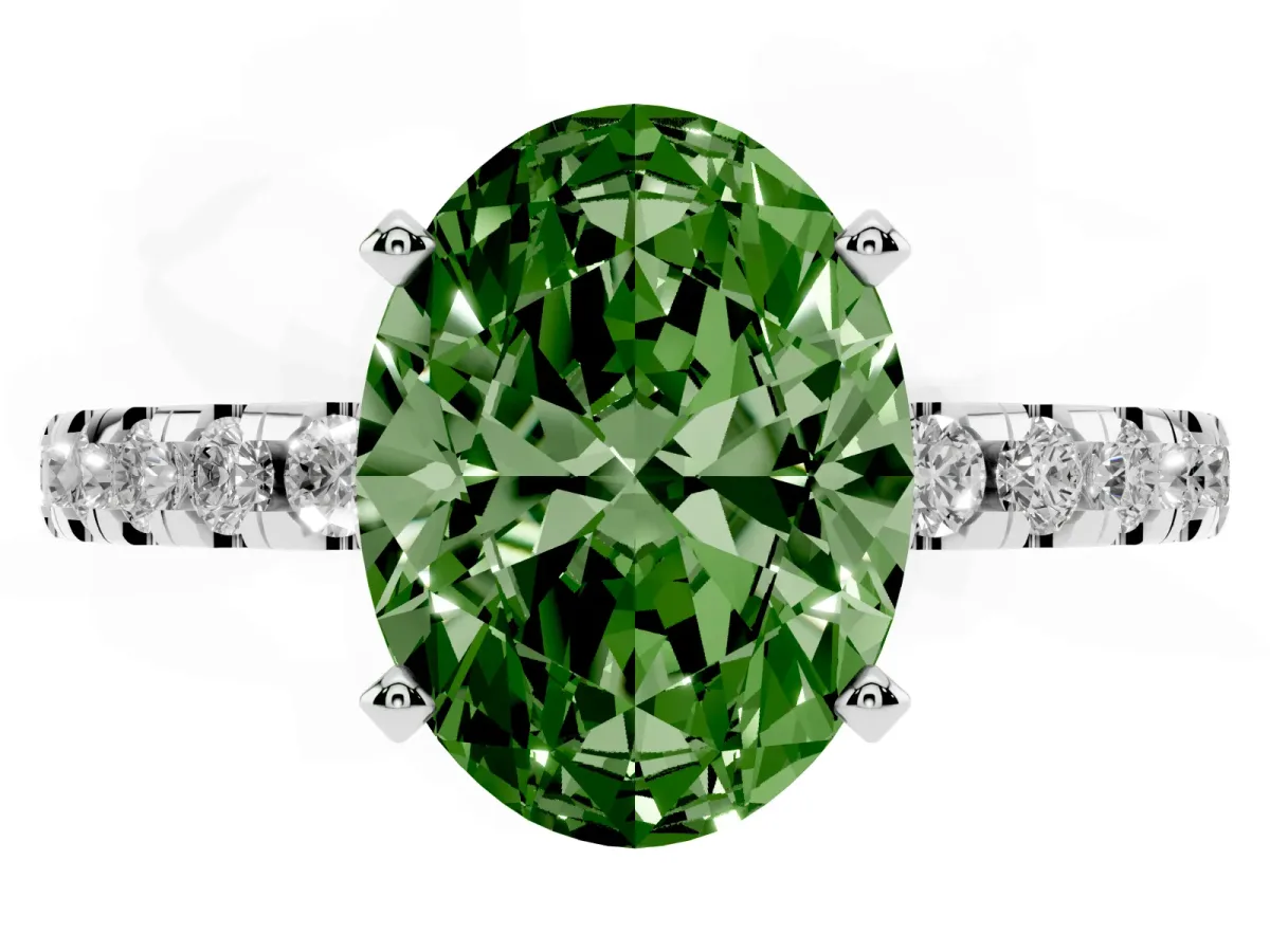 Fancy Green Oval Cut Diamond Solitaire Ring with Round Pavé Band and Four-Prong Setting Silver