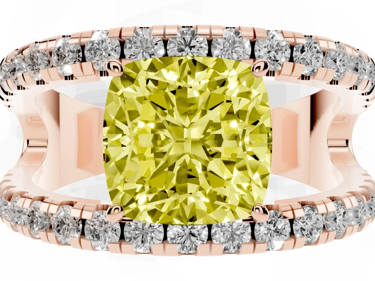 Fancy Yellow Cushion Cut Solitaire Split Shank Pave Diamond Ring Rose gold