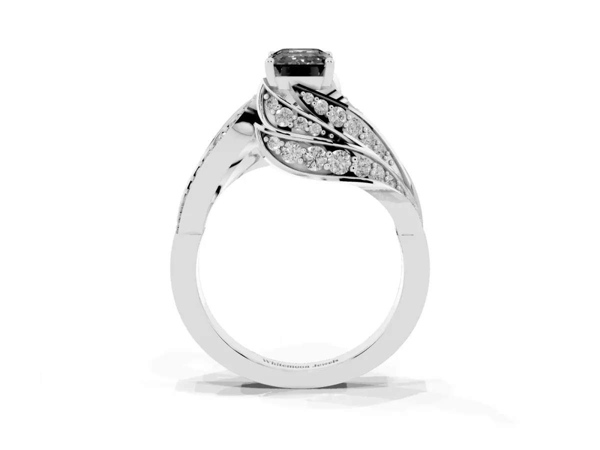 Fancy Black Emerald Cut Diamond Solitaire Ring with Prong Setting and Twisted Pavé Band Silver
