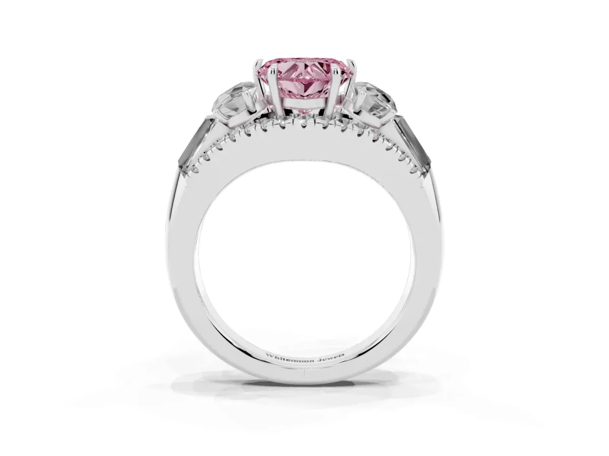 Fancy Pink Three-Stone Heart Cut Diamond Engagement Ring with Pave Band and Prong Setting Silver