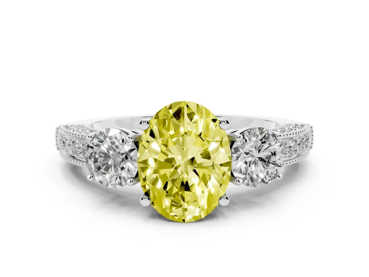 Fancy Yellow Oval Cut Three-Stone Diamond Ring with Pavé Band and Four-Prong Setting Silver