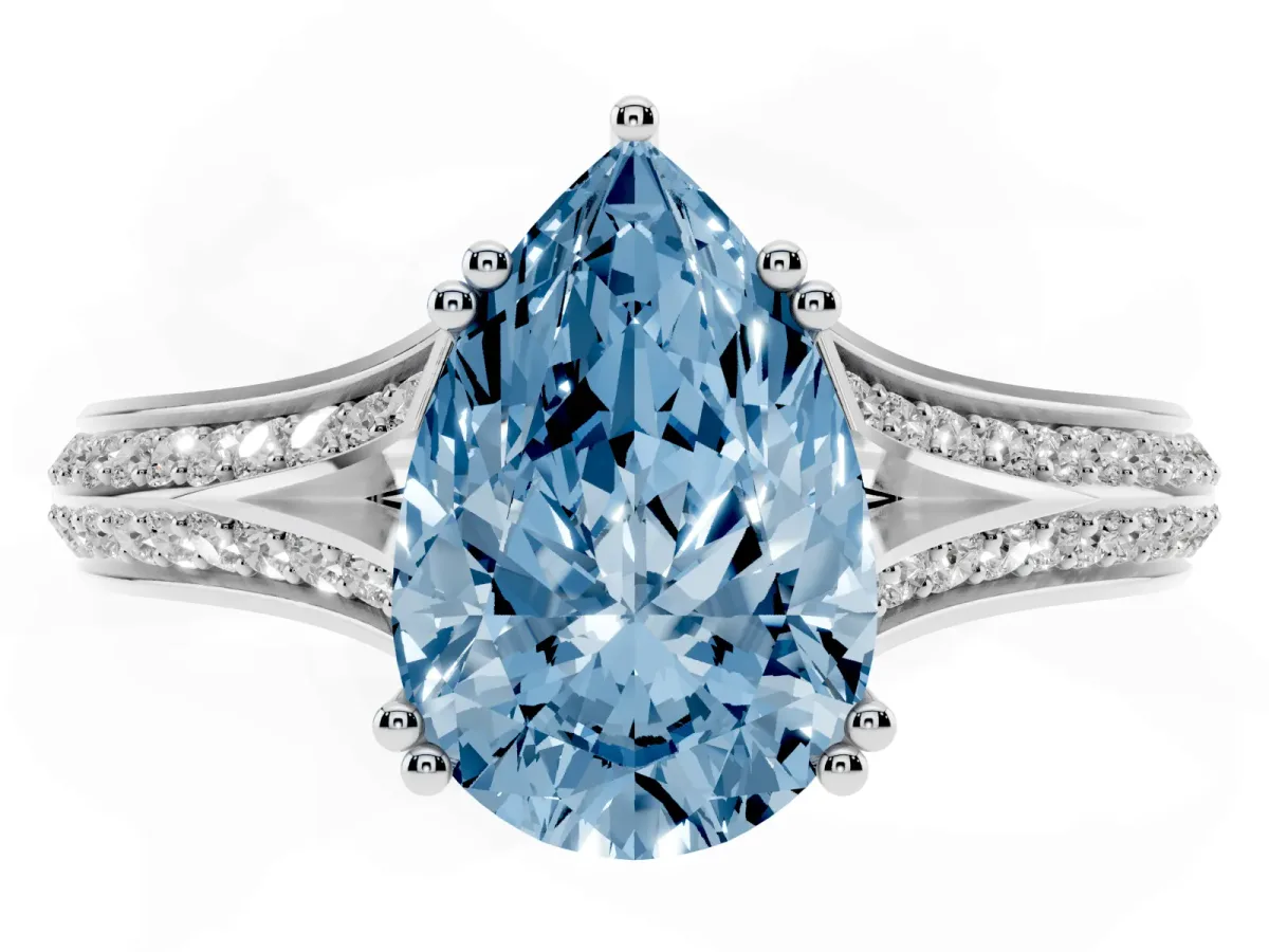 Fancy Blue Pear Cut Diamond Split Shank Engagement Ring with Pavé Band Silver