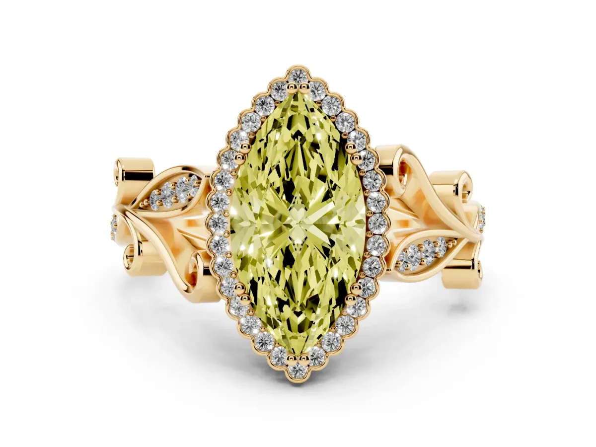 Fancy Yellow Marquise Cut Diamond Halo Ring with Vintage Split Shank and Four-Prong Setting Yellow gold