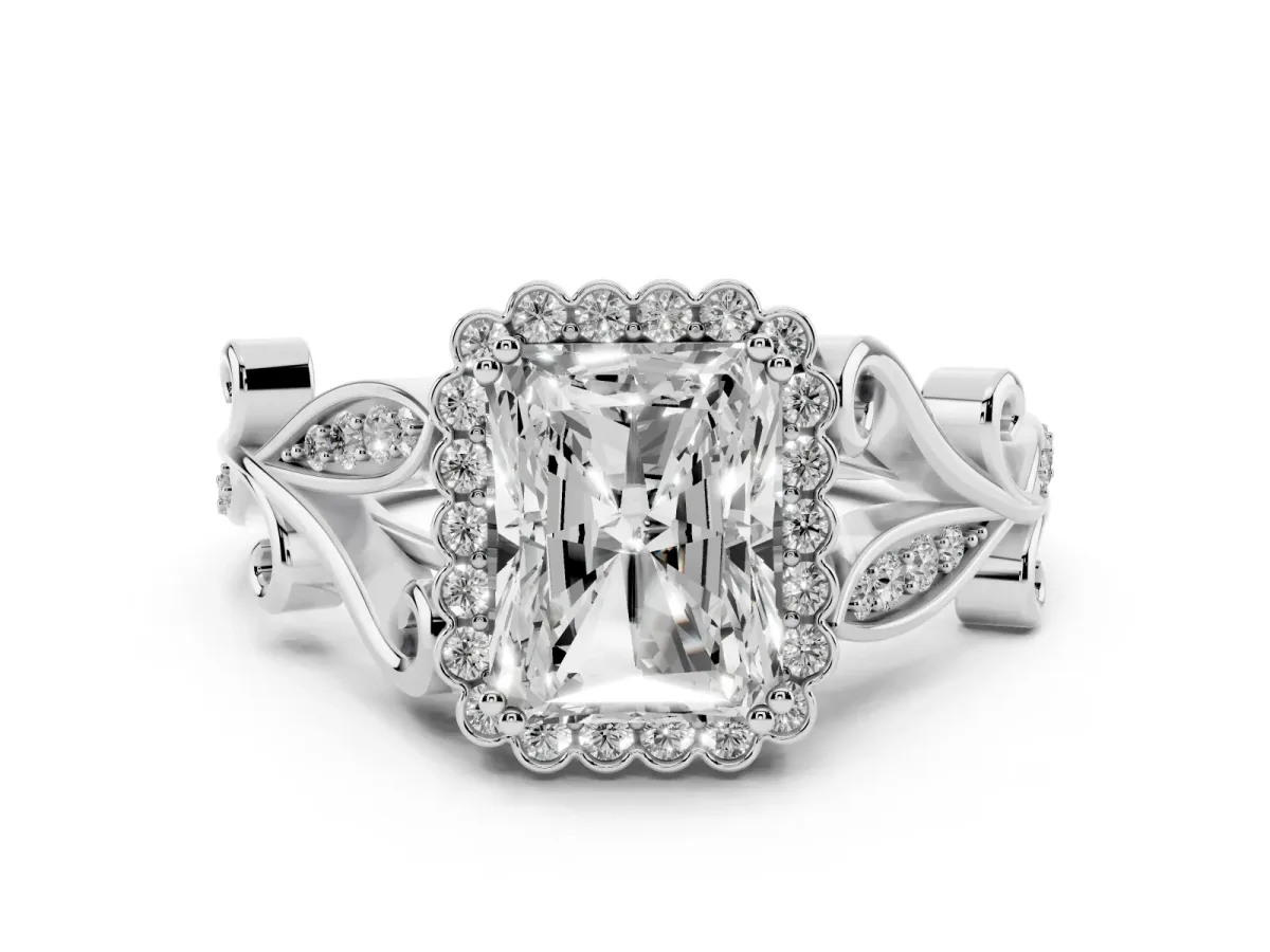 Radiant Cut Diamond Halo Ring with Vintage Split Shank and Four-Prong Setting Silver