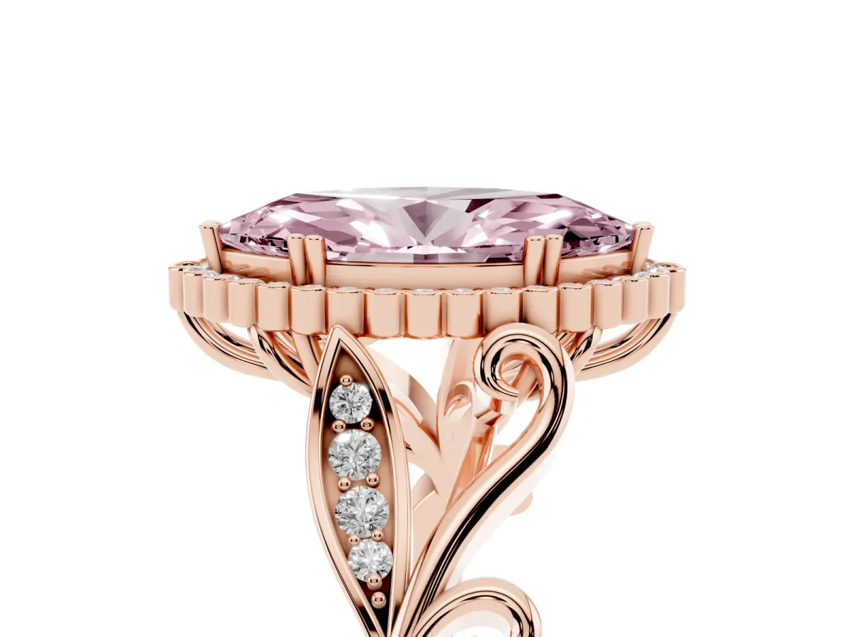 Fancy Pink Marquise Cut Diamond Halo Ring with Vintage Split Shank and Four-Prong Setting Rose gold