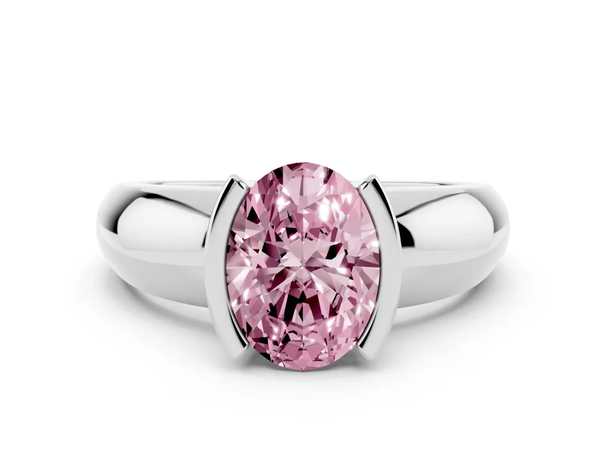 Fancy Pink Oval Cut Solitaire Tension Set Diamond Ring with Wide Band White gold