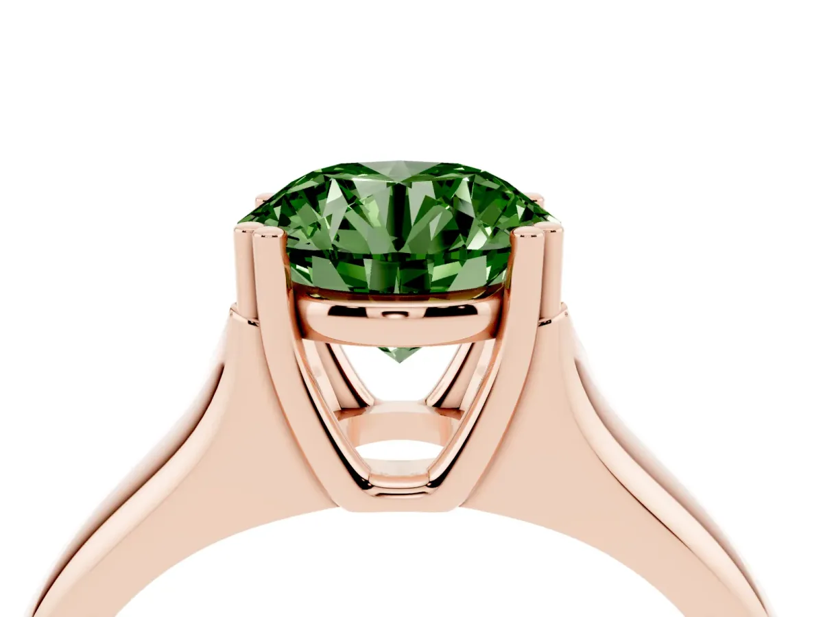Fancy Green Round Cut Diamond Solitaire Ring with Wide Band and Prong Setting Rose gold