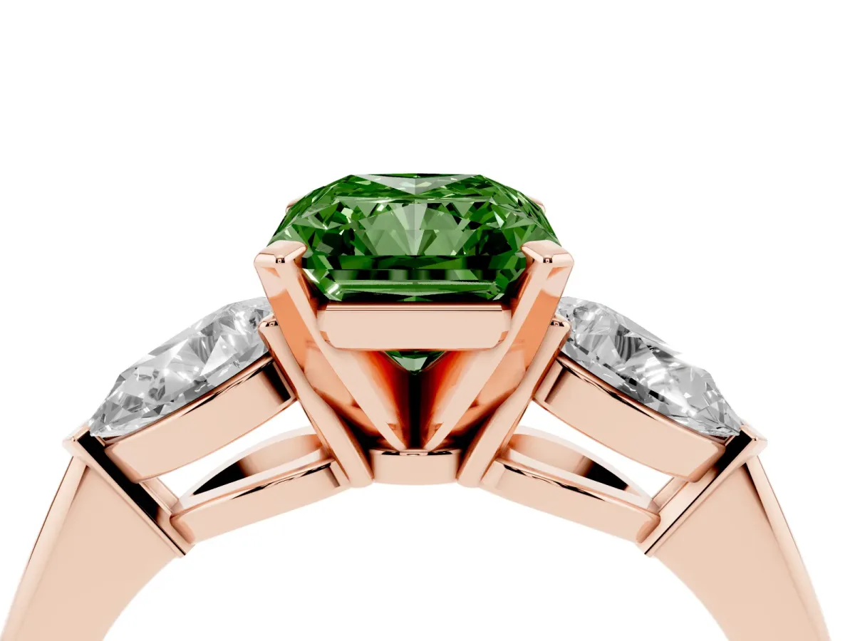 Fancy Green Three-Stone Radiant Cut Diamond Ring with Pear Side Stones and Four-Prong Setting Rose gold