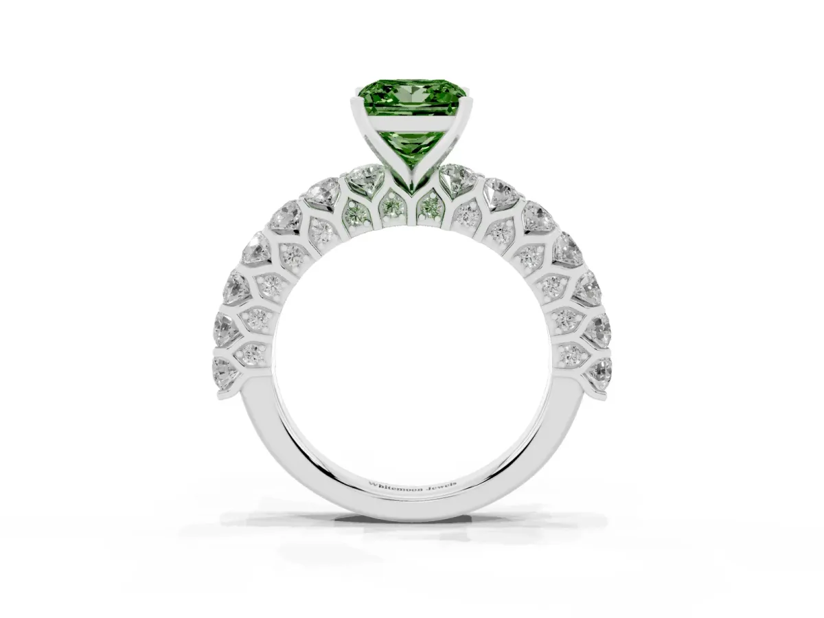Fancy Green Princess Cut Diamond Solitaire Ring with Shared Prong Pavé Band and Four-Prong Setting Silver
