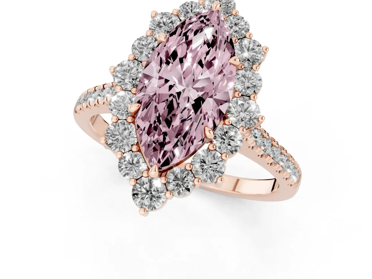 Fancy Pink Marquise Cut Halo Diamond Ring with Pavé Band and Prong Setting Rose gold