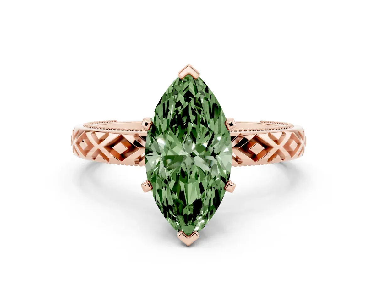 Fancy Green Marquise Cut Solitaire Diamond Ring with Milgrain and Black Enamel X Pattern Band Rose gold