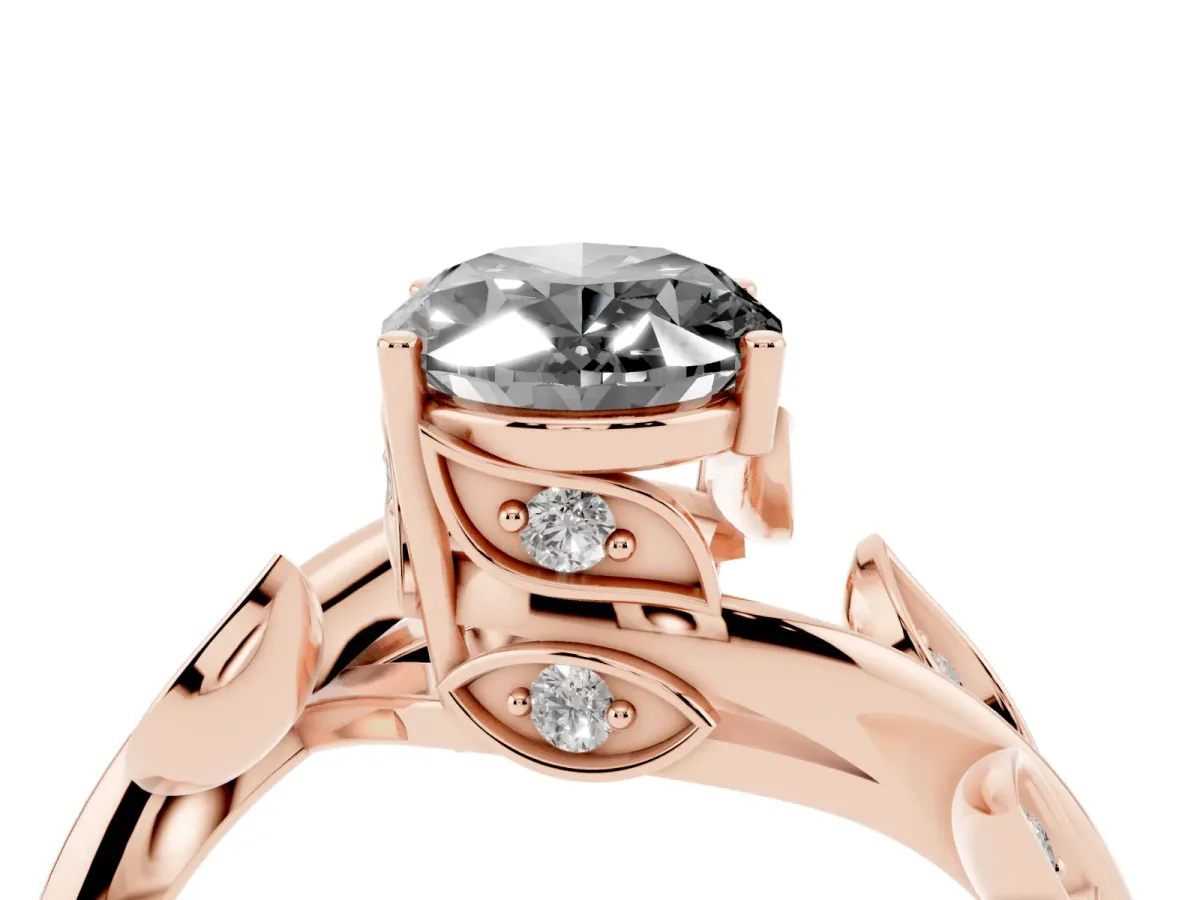 Fancy Black Oval Cut Solitaire Twist Engagement Ring with Leaf Accents and Prong Setting Rose gold