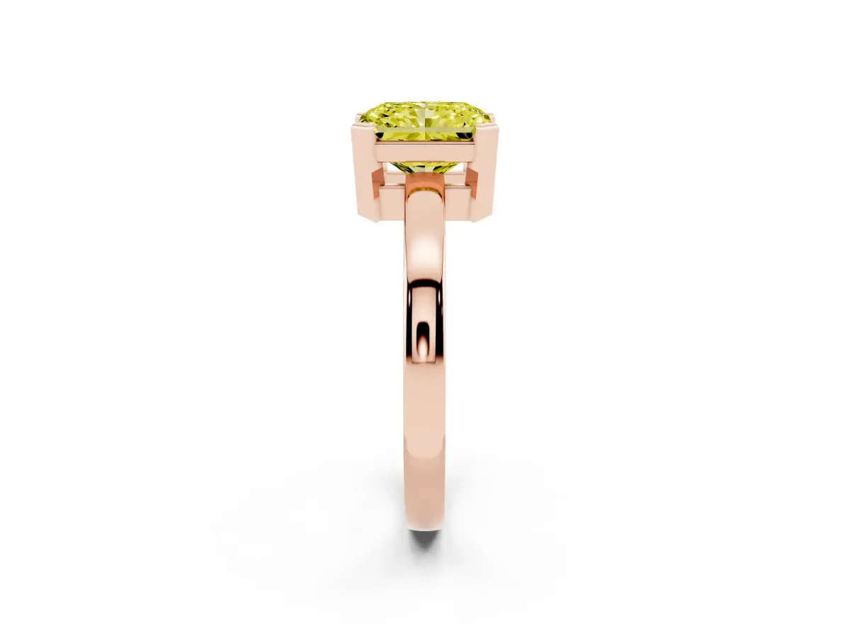 Fancy Yellow Radiant Cut Cut Solitaire Ring with Four-Prong Setting and Classic Band Rose gold