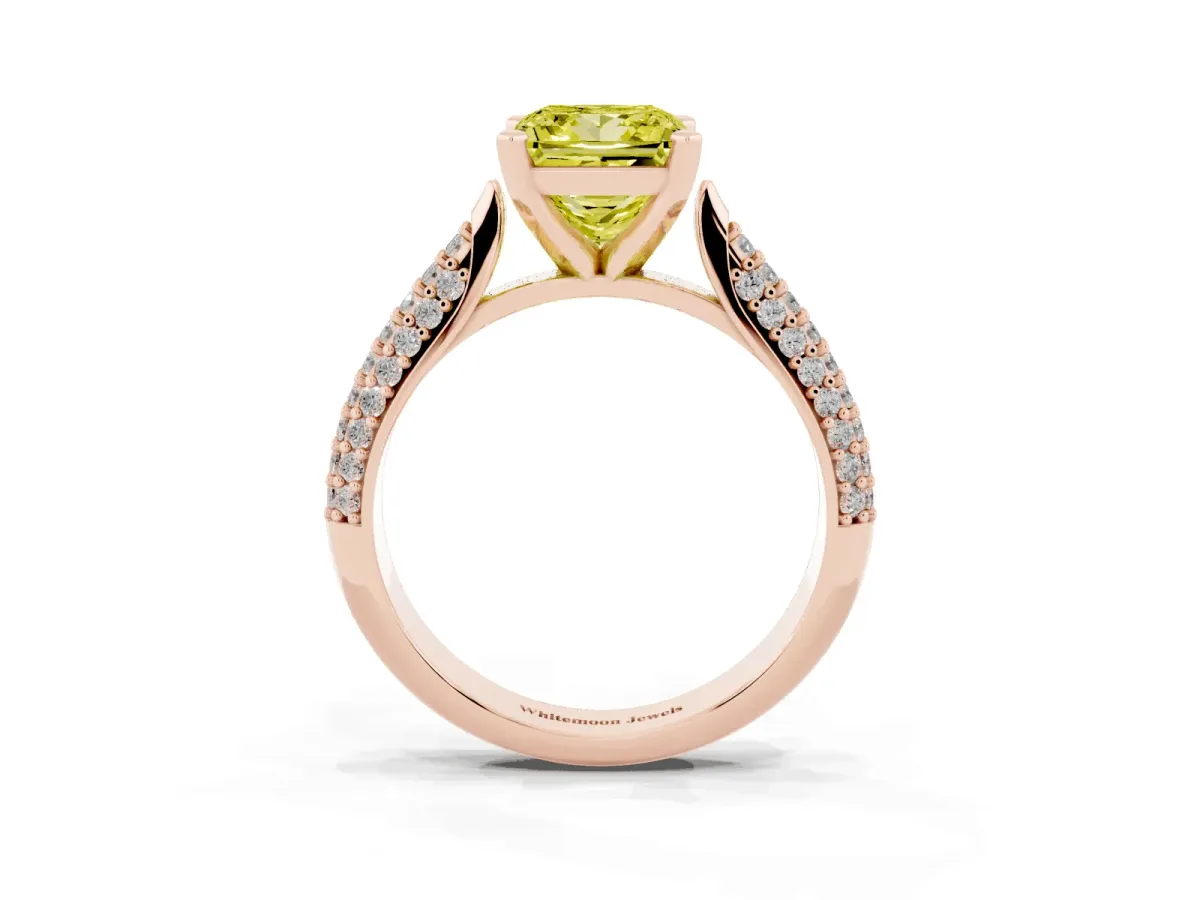 Fancy Yellow Princess Cut Diamond Solitaire Engagement Ring with Multi-Row Round Pavé Band and Prong Setting Rose gold