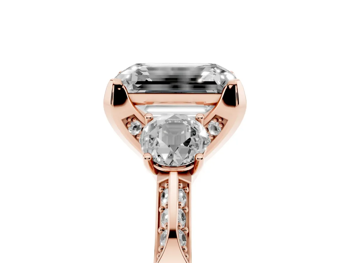 Emerald Cut Brilliant Three-Stone Diamond Ring with Pavé Band and Four-Prong Setting Rose gold