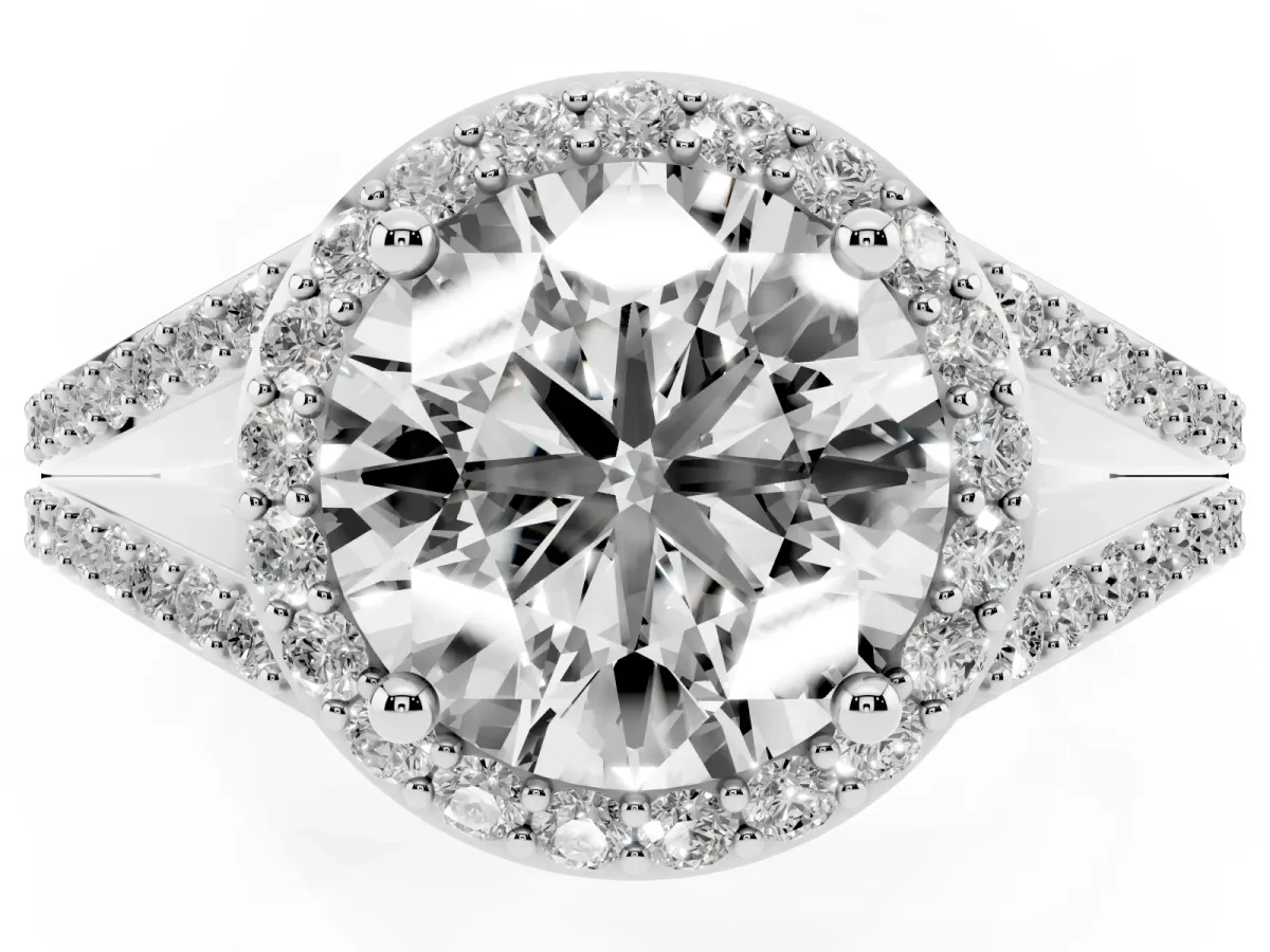 Round Cut Halo Split Shank Diamond Ring with Prong Setting Platinum