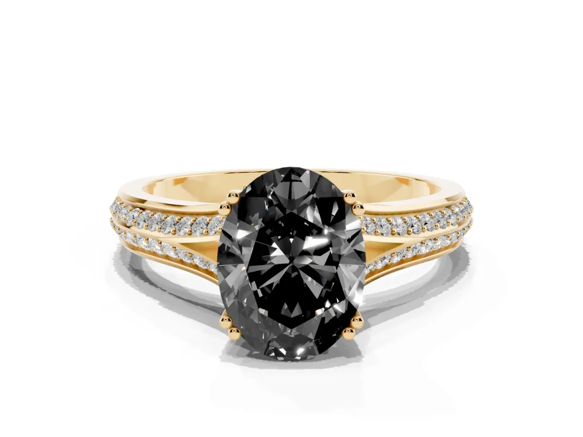 Fancy Black Oval Cut Diamond Split Shank Engagement Ring with Pavé Band Yellow gold