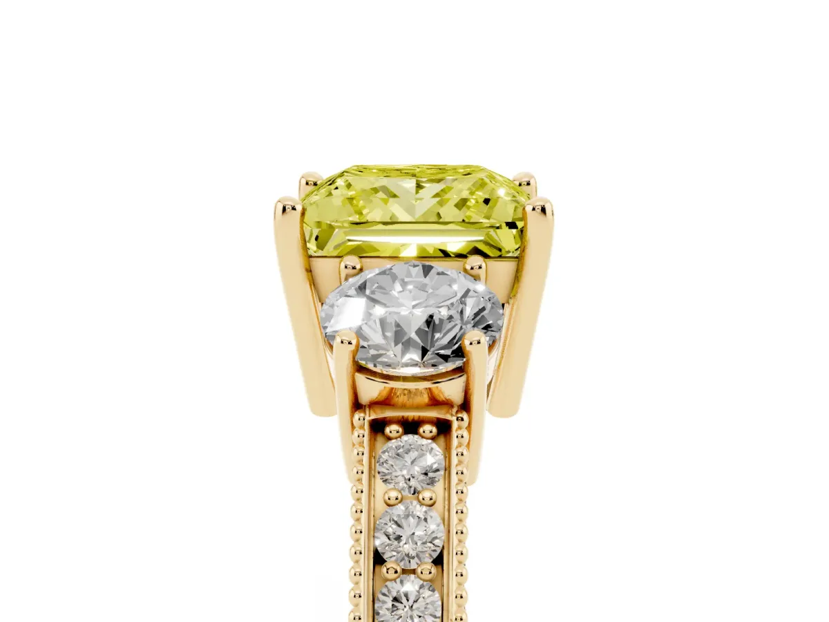 Fancy Yellow Princess Cut Three-Stone Diamond Ring with Pavé Band and Four-Prong Setting Yellow gold