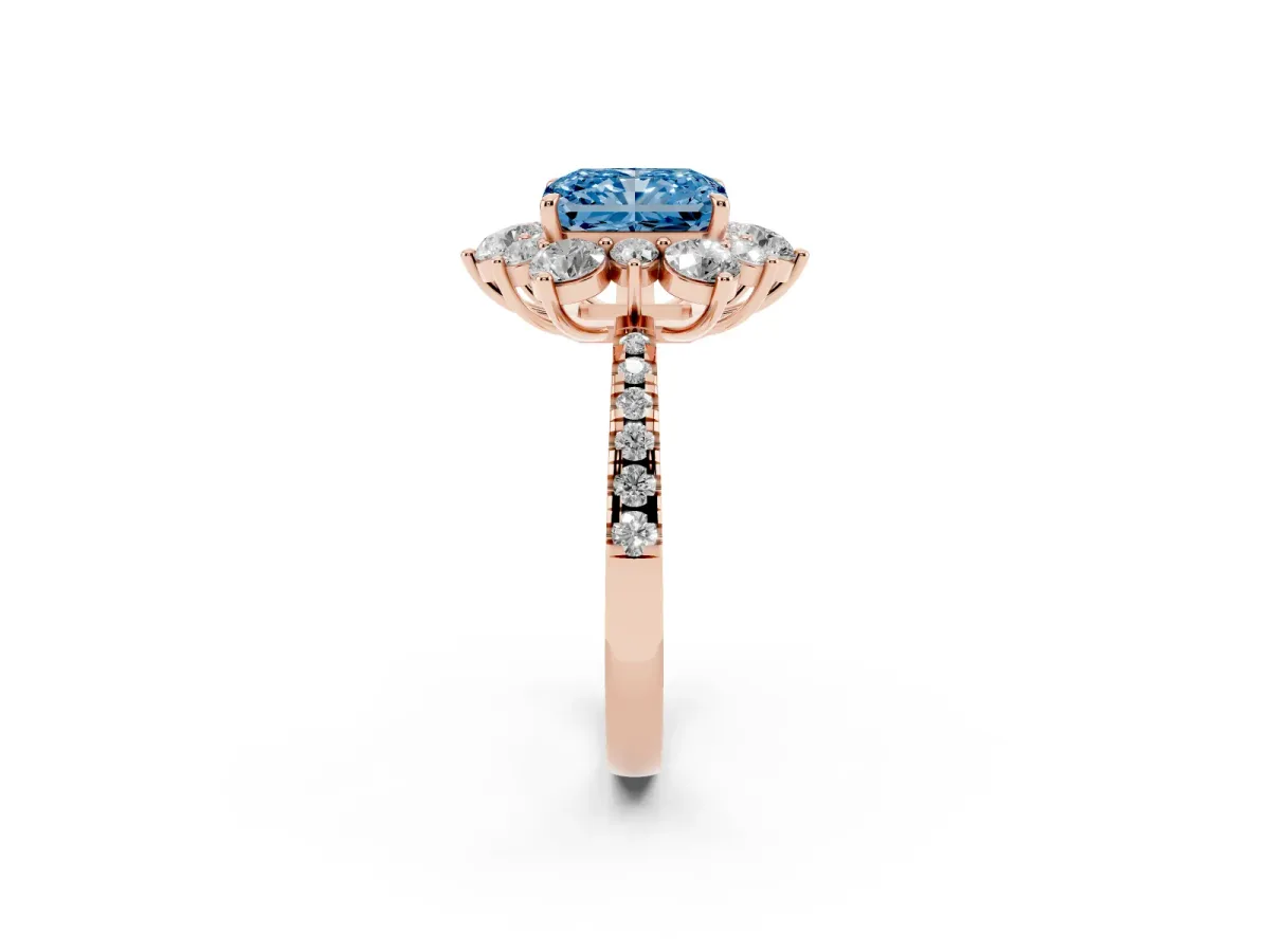 Fancy Blue Radiant Cut Diamond Floral Halo Ring with Round Pavé Band and Prong Setting Rose gold