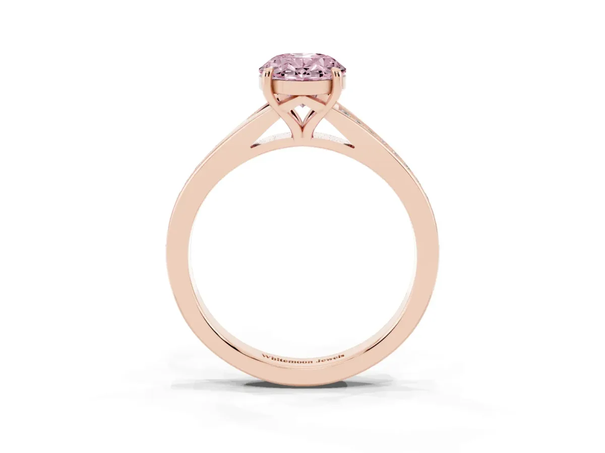 Fancy Pink Oval Cut Diamond Solitaire Ring with Pavé Band and Prong Setting Rose gold