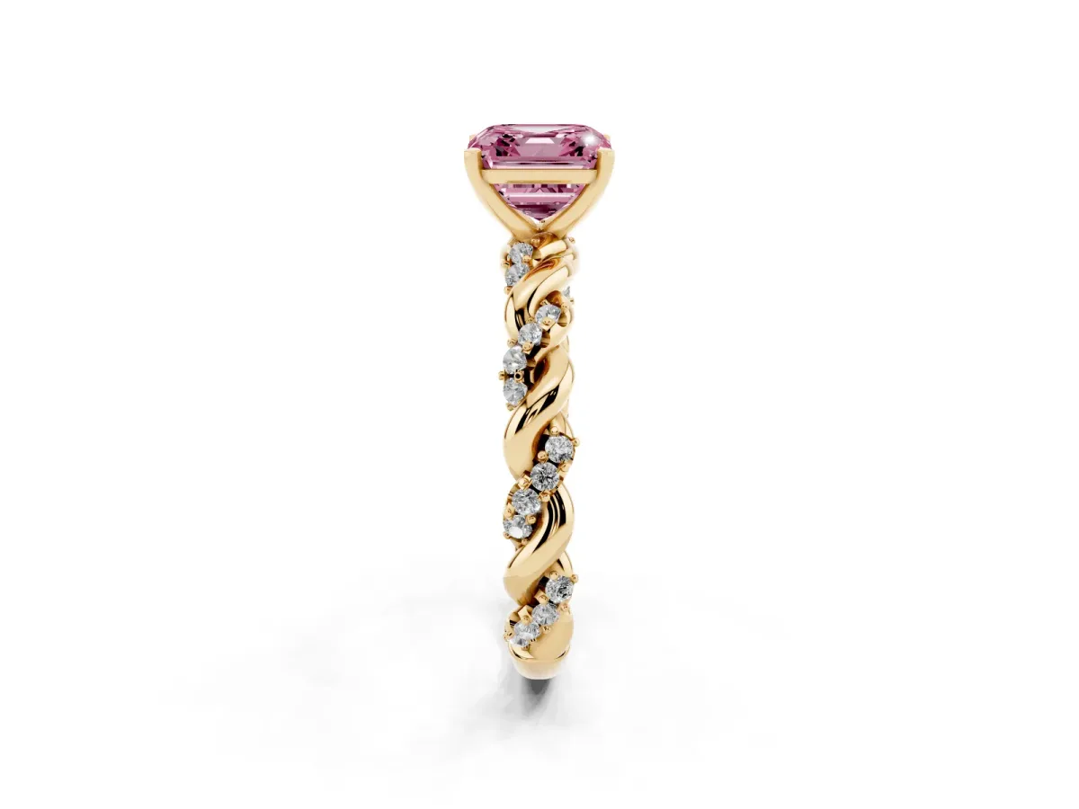 Fancy Pink Asscher Cut Diamond Solitaire Ring with Twisted Band and Pavé Accents Yellow gold