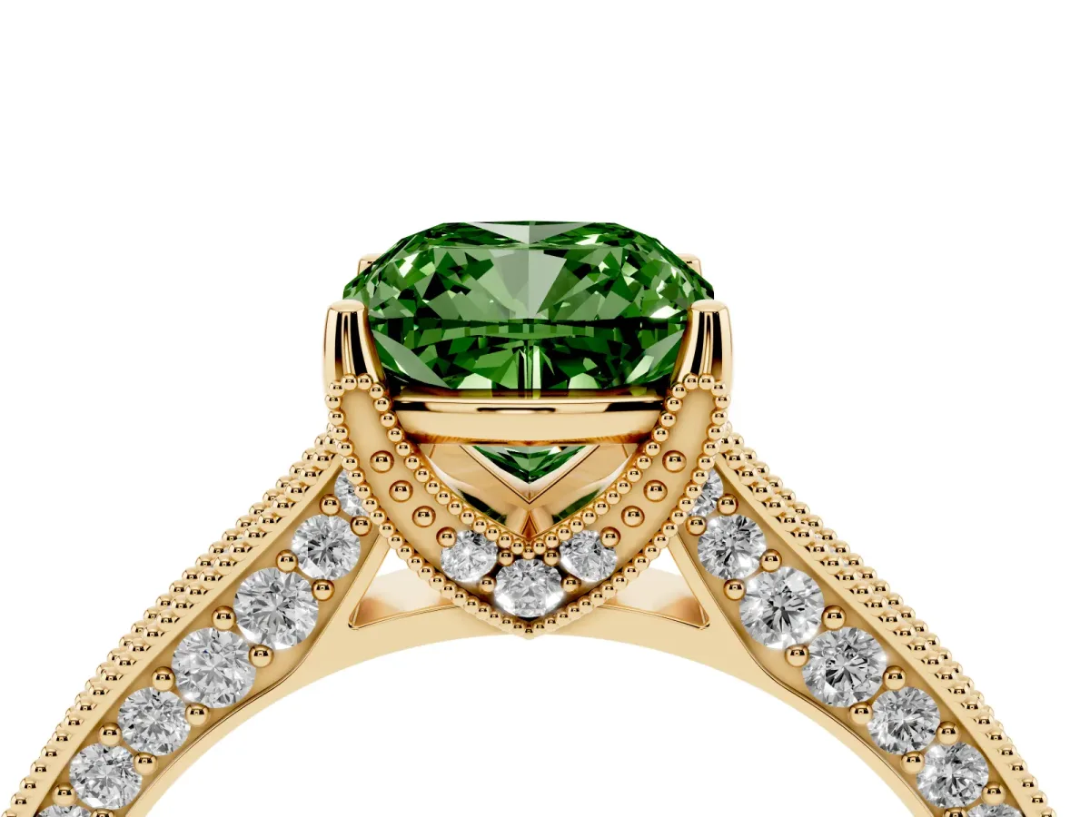 Fancy Green Cushion Cut Cut Diamond Solitaire Ring with Milgrain Pave Band and Four Prong Setting Yellow gold