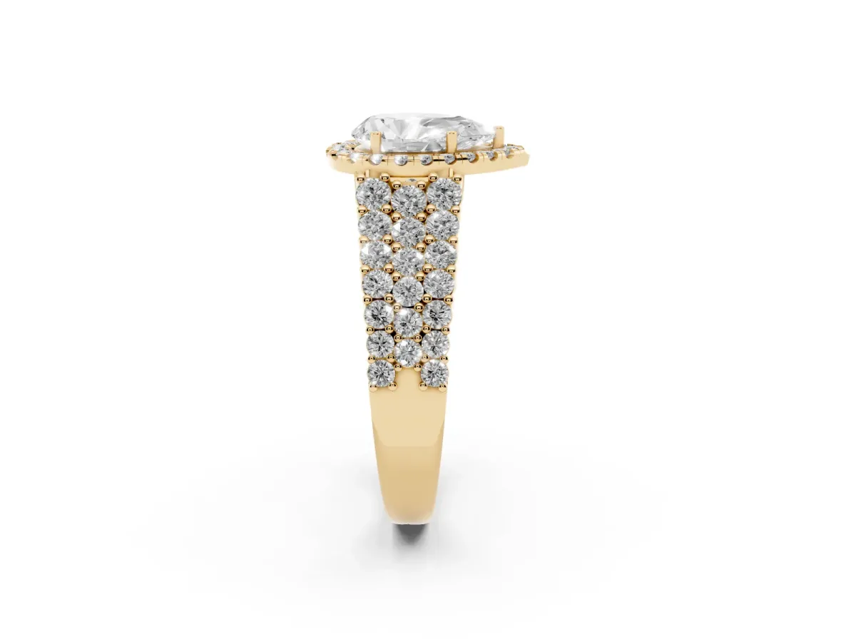 Pear Cut Diamond Halo Engagement Ring with Triple Row Round Pavé Band and Prong Setting Yellow gold