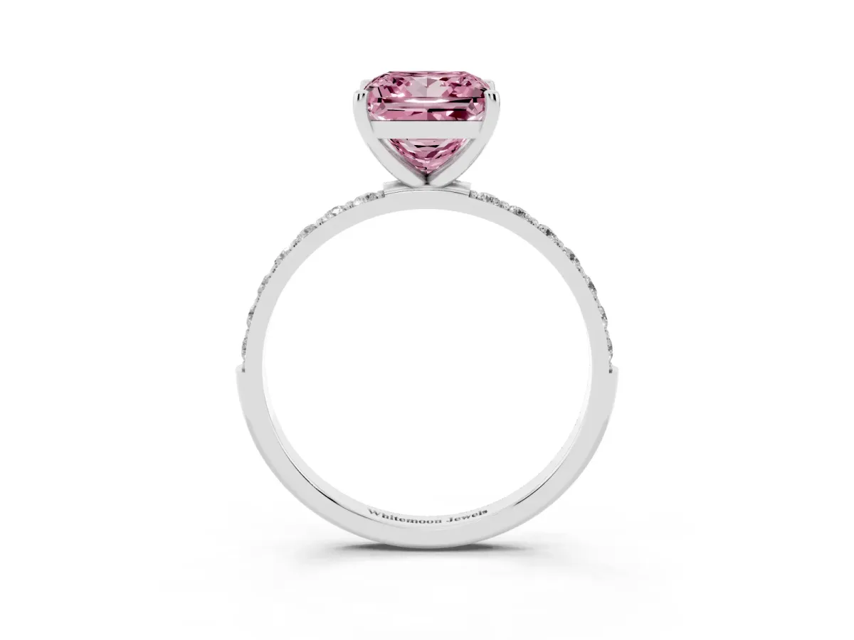 Fancy Pink Princess Cut Diamond Solitaire Ring with Round Pavé Shoulders and Prong Setting Silver
