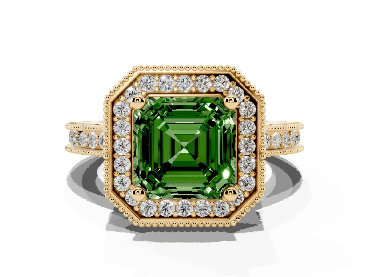 Fancy Green Asscher Cut Diamond Milgrain Halo Engagement Ring with Round Pavé Band and Prong Setting Yellow gold