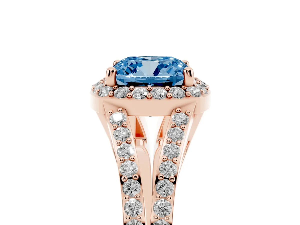 Fancy Blue Cushion Cut Halo Split Shank Pave Diamond Ring with Four-Prong Setting Rose gold