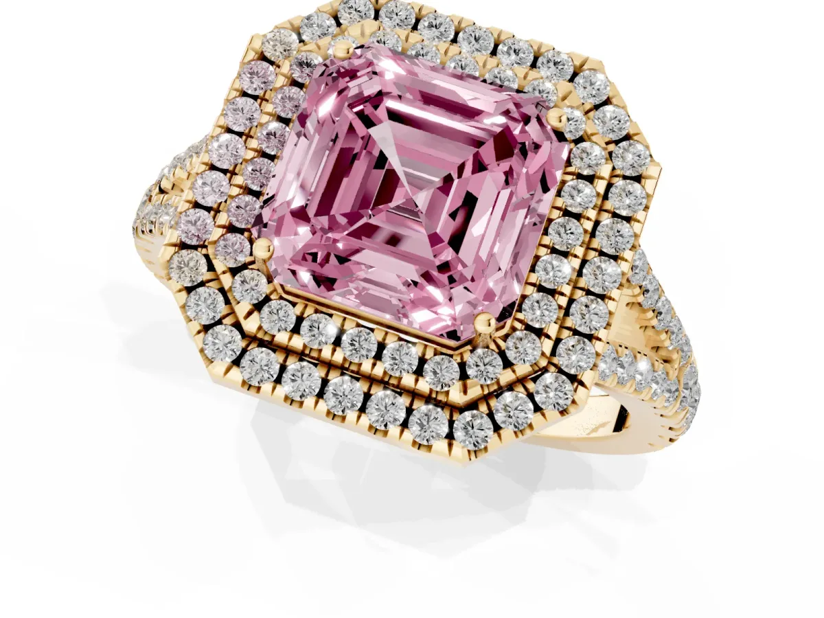 Fancy Pink Asscher Cut Diamond Double Halo Ring with Pavé Band and Prong Setting Yellow gold