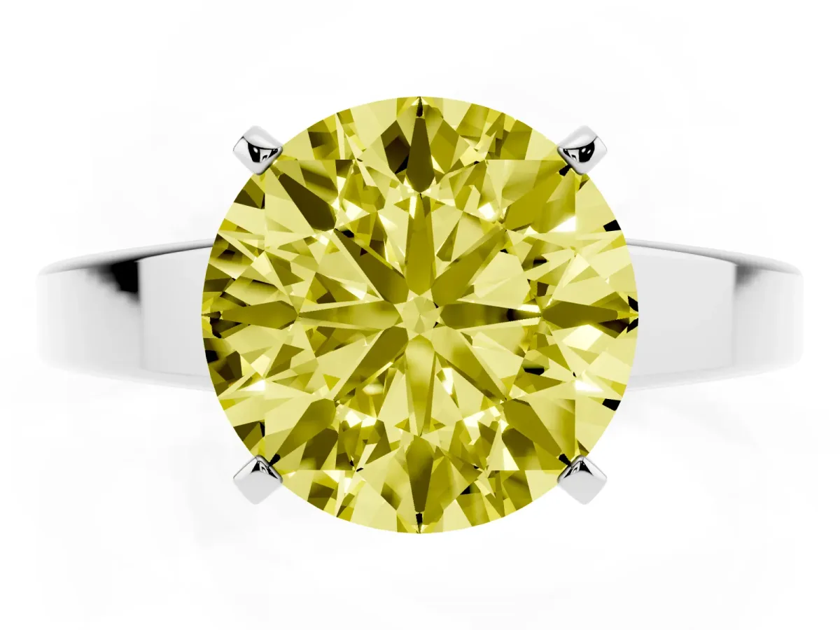 Fancy Yellow Round Cut Solitaire Engagement Ring with Four-Prong Setting and Tapered Band Silver