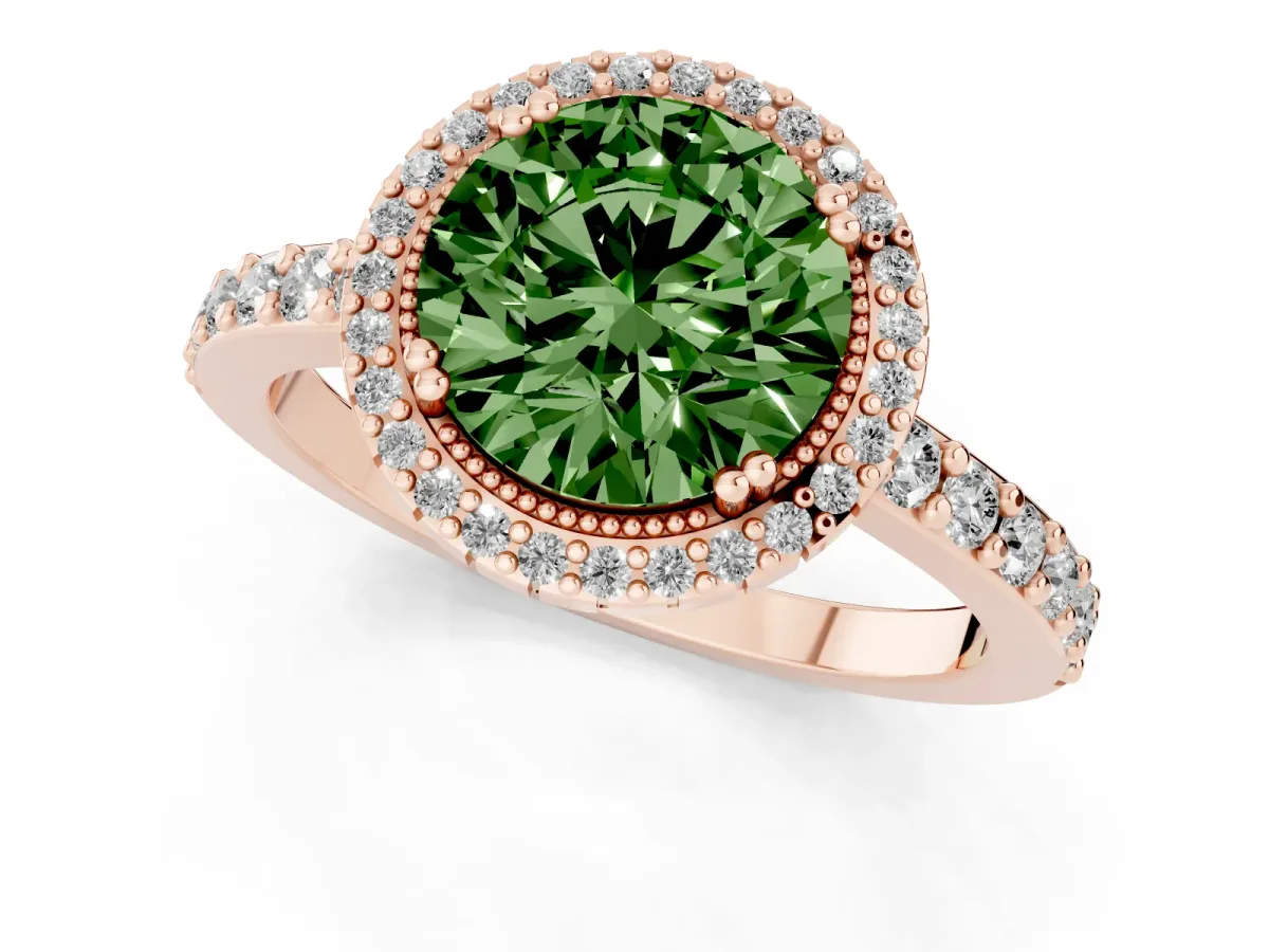 Fancy Green Round Cut Cut Diamond Halo Engagement Ring with Milgrain Detail and Pavé Band Rose gold