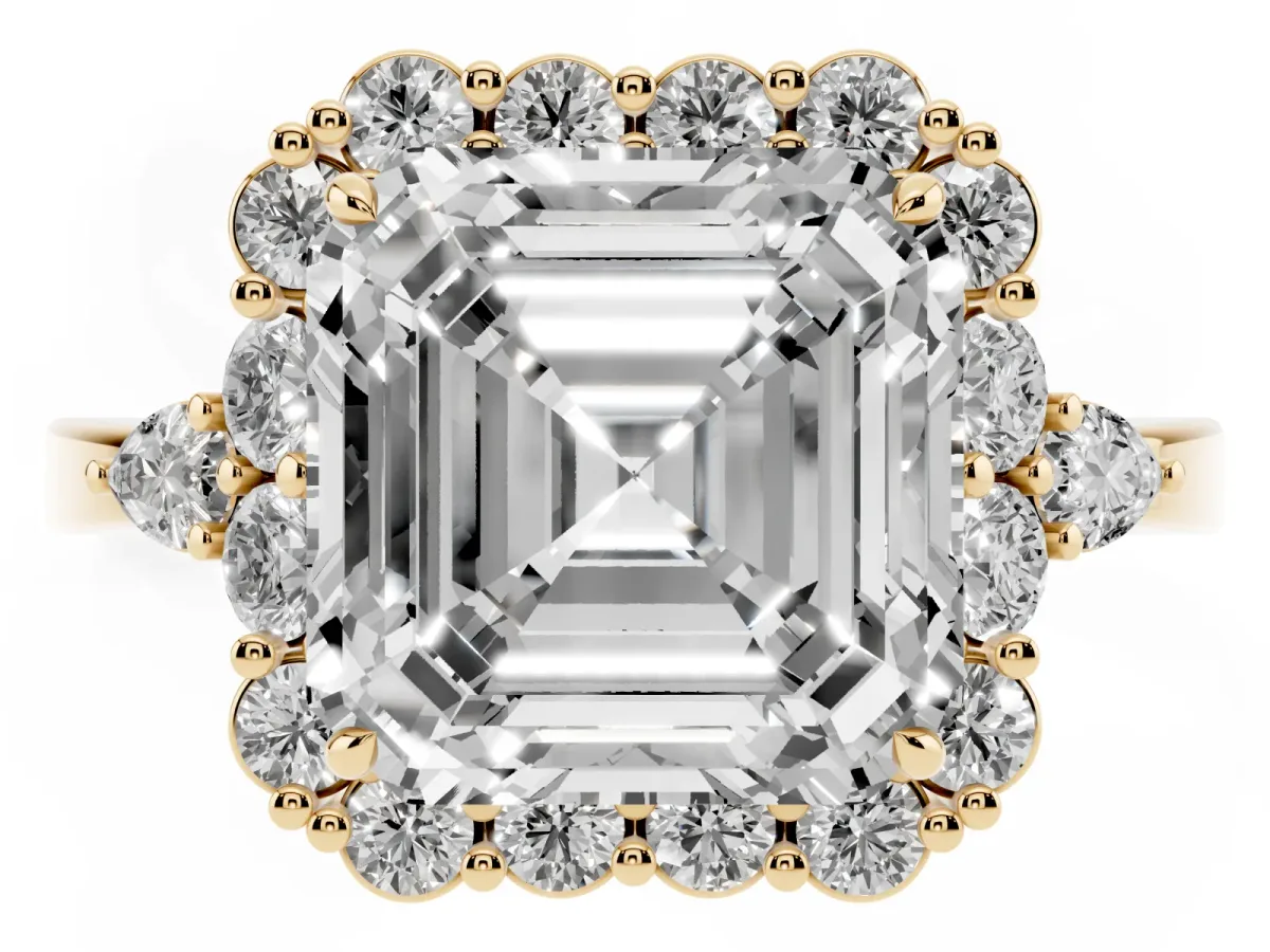 Asscher Cut Diamond Halo Ring with Pear Side Stones and Prong Setting Yellow gold