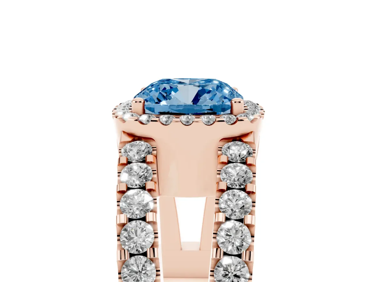 Fancy Blue Cushion Cut Cut Halo Split Shank Diamond Ring with Four-Prong Setting Rose gold