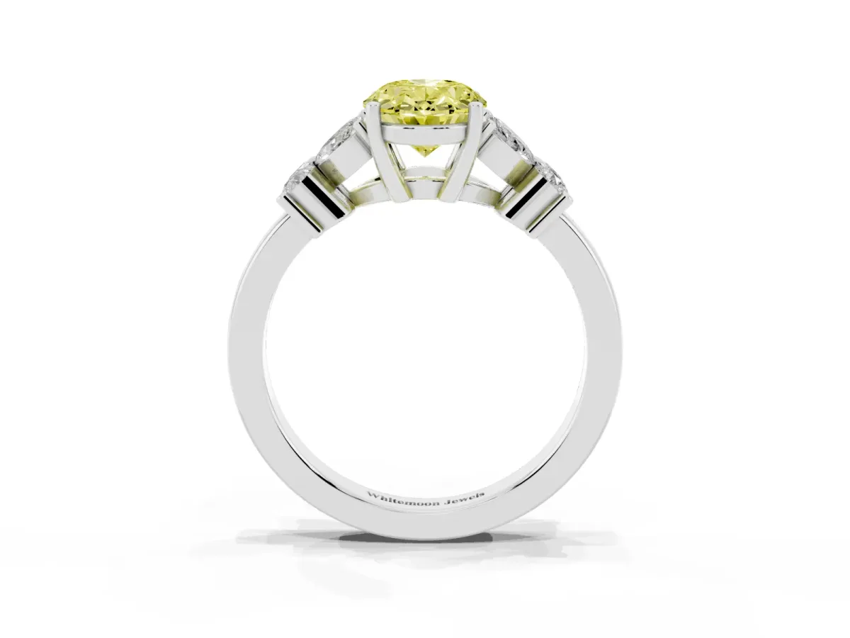 Fancy Yellow Oval Cut Diamond Floral Cluster Ring with Solitaire Band and Prong Setting White gold