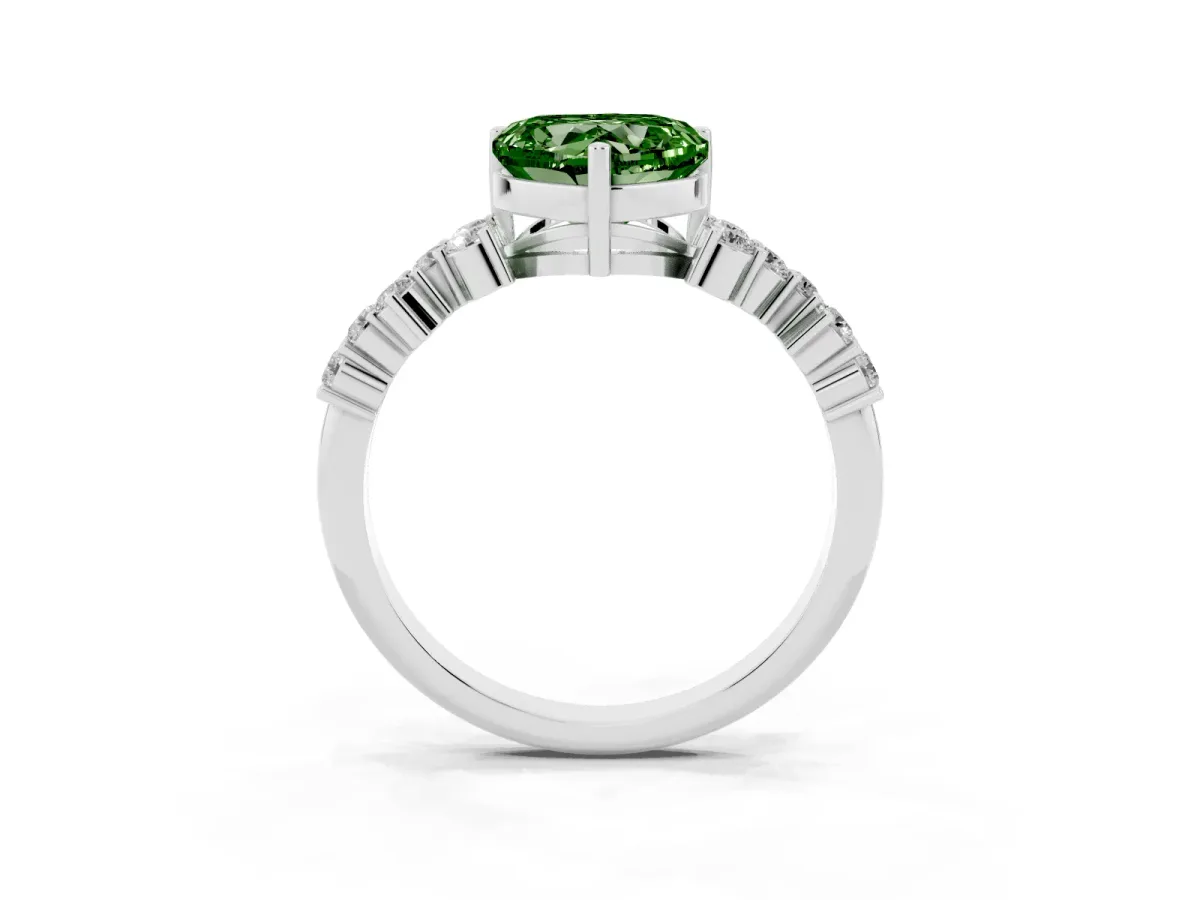 Fancy Green Heart Cut Diamond Scattered Round Accent Ring with Prong Setting White gold