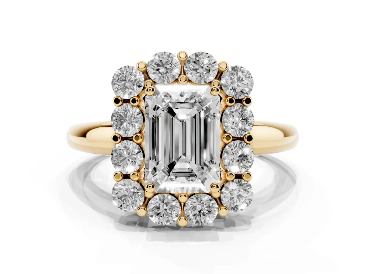 Emerald Cut Halo Cluster Diamond Engagement Ring with Prong Setting and Polished Band Yellow gold