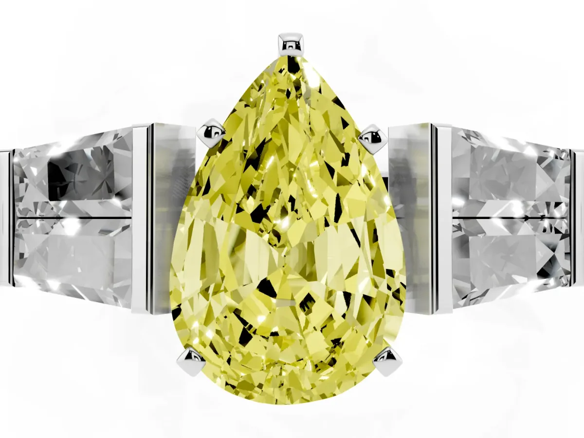 Fancy Yellow Pear Cut Diamond Engagement Ring with Baguette Side Stones and Channel Set Band White gold