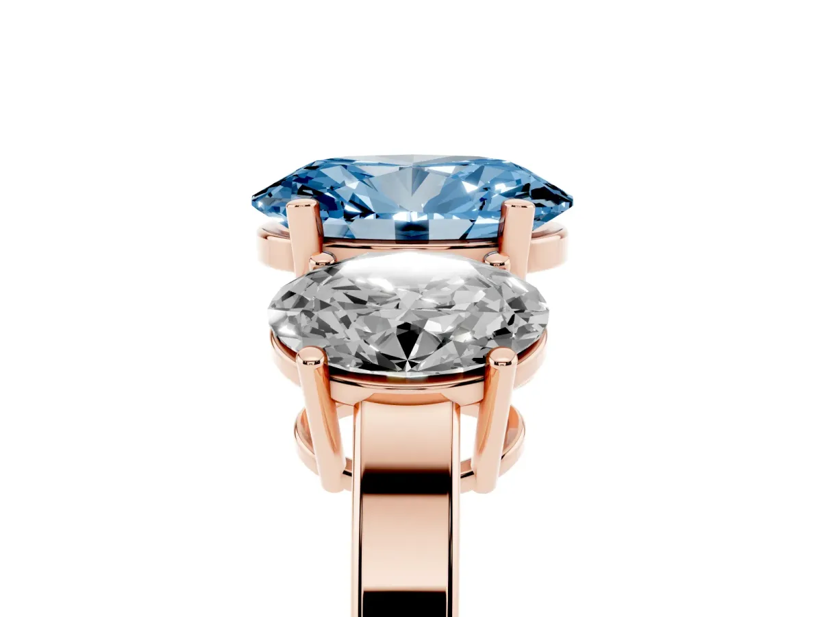 Fancy Blue Three-Stone Oval Cut Cut Diamond Engagement Ring with Flat Band and Four-Prong Setting Rose gold