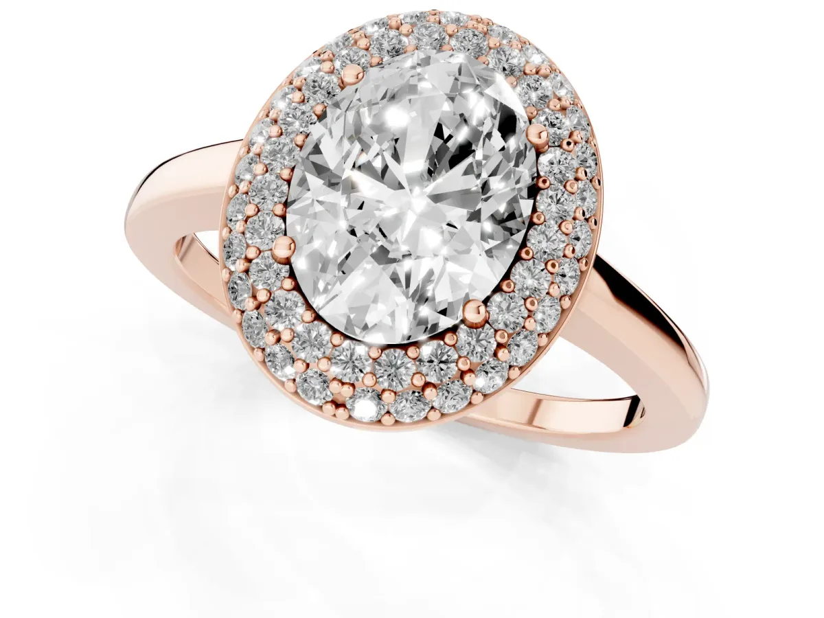 Oval Cut Halo Diamond Engagement Ring with Solitaire Band and Four-Prong Setting Rose gold